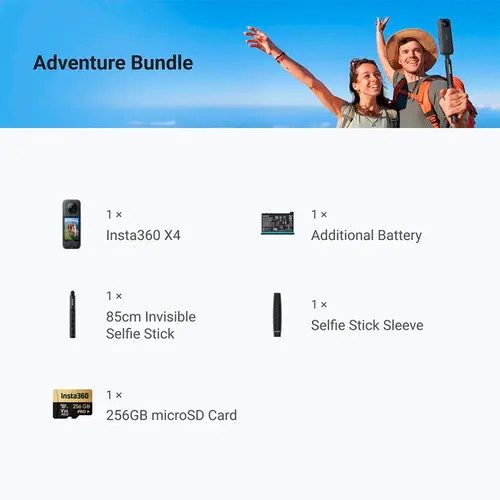Kit de Câmera de Ação Insta360 X4 8K Adventure Bateria Extra, Proteção de Lente, Case, Bastão Retrátil