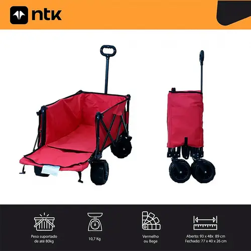 Carrinho Dobrável Transport Nautika Aço 80kg Com Bolsos Vermelho - 303204