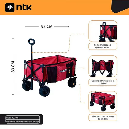 Carrinho Dobrável Transport Nautika Aço 80kg Com Bolsos Vermelho - 303204