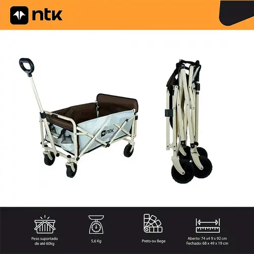 Carrinho Dobrável Transport Nautika Aço 60kg Com Bolsos Bege - 303202