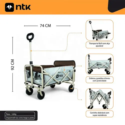Carrinho Dobrável Transport Nautika Aço 60kg Com Bolsos Bege - 303202