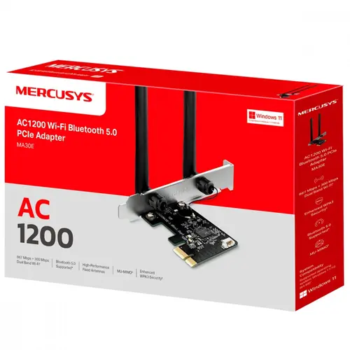 Placa de Rede Mercusys MA30E Adaptador Bluetooth 5.0 Wi-Fi 867Mbps Dual Band AC1200