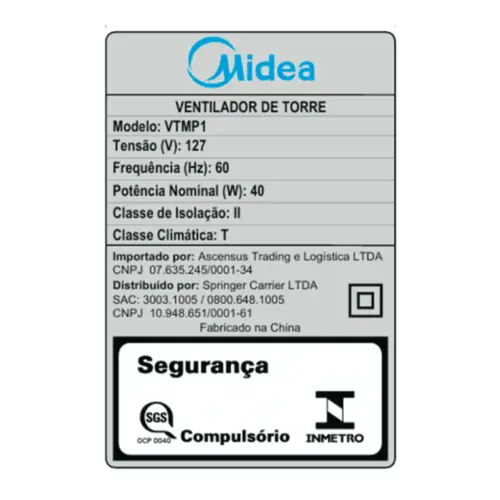Ventilador Torre Midea 102cm 127V 40W - VTMP1