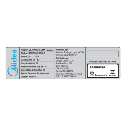 Adega Climatizada Midea De Vinho 12 Garrafas com Painel Touch Bivolt - MDRW066FGGGL3