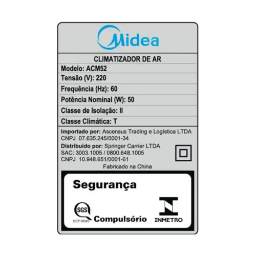Climatizador de Ar Midea Umidificador Purifica 3 Velocidades 5L 50W 220V Branco - ACM52
