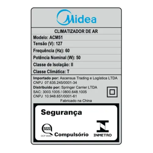 Climatizador de Ar Midea Umidificador Purifica 3 Velocidades 5L 50W 127V Branco - ACM51