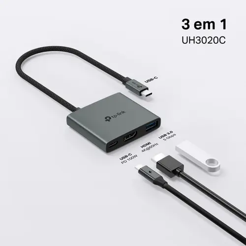 Hub USB TP-Link UH3020C 3 em 1 Tipo C 3.0 4K Alumínio, HDMI 60Hz, USB 3.0 de até 5Gbps e USB C 100W