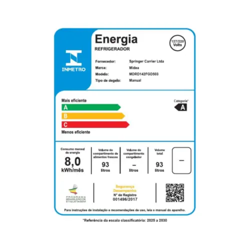 Frigobar Midea 93L Prateleiras de Vidro Inverter Bivolt Preto/Inox - MDRD142FGD503
