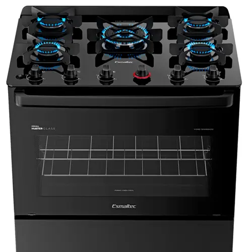 Fogão 5 Bocas Esmaltec Ideal Master Glass Limpa Fácil Preto Bivolt - T5VFP