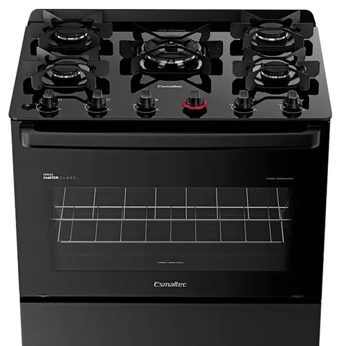 Fogão 5 Bocas Esmaltec Ideal Master Glass Limpa Fácil Preto Bivolt - T5VFP