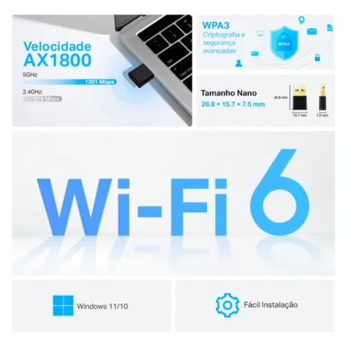 Adaptador TP-Link Archer TX20U Nano AX1800 Wireless USB Wi-Fi 6