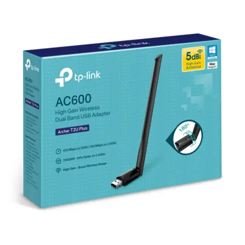 Adaptador TP-Link Archer T2U Plus AC600 Wireless USB de Alto Ganho