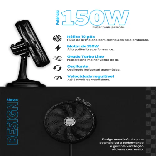 Ventilador de Coluna Ventisol Oscilante Turbo Grade De Plástico 10P 50CM 150W 220V Preto - 17595