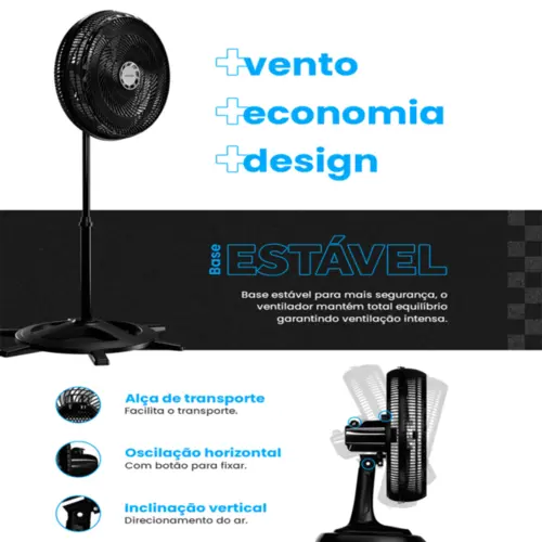 Ventilador de Coluna Ventisol Oscilante Turbo Grade De Plástico 10P 50CM 150W 127V Preto - 17594
