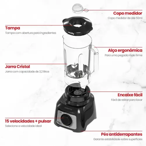 Liquidificador Agratto 1200W 3,2L Jarra Cristal Turbo 15 127V Preto - ALIQ05N-01