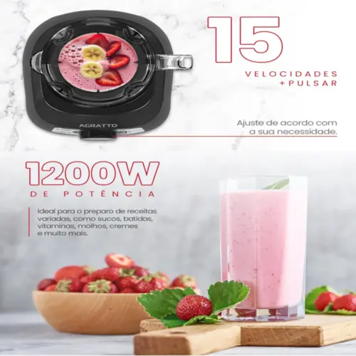 Liquidificador Agratto 1200W 3,2L Jarra Cristal Turbo 15 220V Preto - ALIQ05N-02