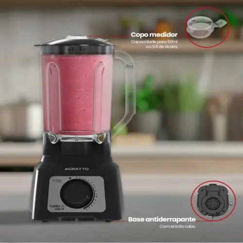 Liquidificador Agratto 1200W 3,2L Jarra Cristal Turbo 15 220V Preto - ALIQ05N-02
