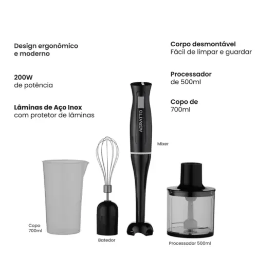 Mixer Vertical 3 em 1 Agratto 700ML 200W 220V Preto - AMIX01-02
