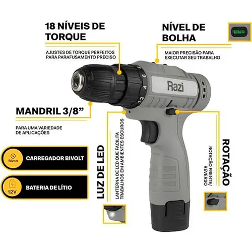 Parafusadeira e Furadeira Elétrica Razi Bivolt 12V Recarregável Cinza 30041 - RZ-FPB12B/1