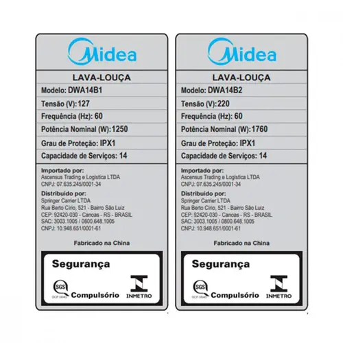 Lava-louças Midea 14 serviços 127V Branco - DWA14B1