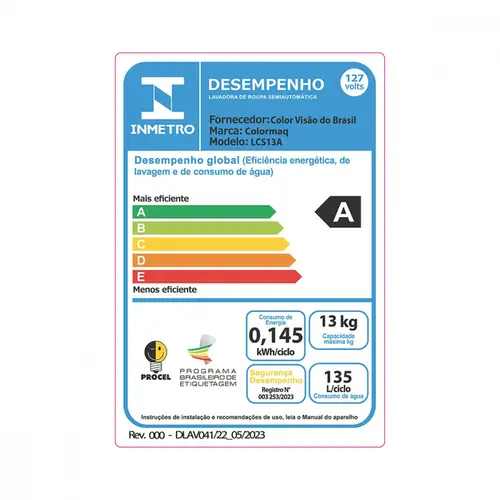 Máquina de Lavar Roupa Colormaq Ecomax Semi-Automatica Tanquinho Branco 127V 13kg - LCS13