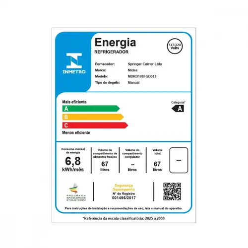 Frigobar Inverter Bivolt 67L Branco Midea - MDRD108FGD013