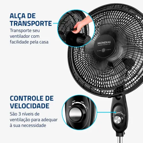 Ventilador de Coluna Mondial 40cm Super Power 6 Pás 140W 127V Preto - VSP-40C-NB