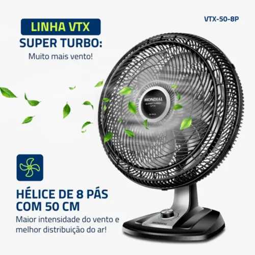 Ventilador 50cm Super Turbo 8 Pás, Mondial, Preto/Prata, 150W, 127V - VTX-50-8P