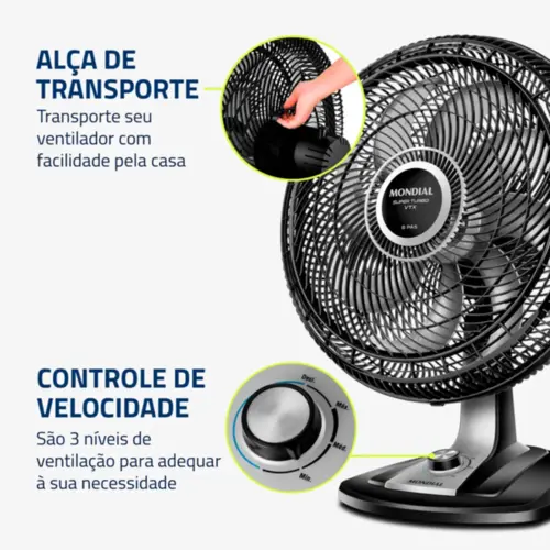 Ventilador 50cm Super Turbo 8 Pás, Mondial, Preto/Prata, 150W, 127V - VTX-50-8P