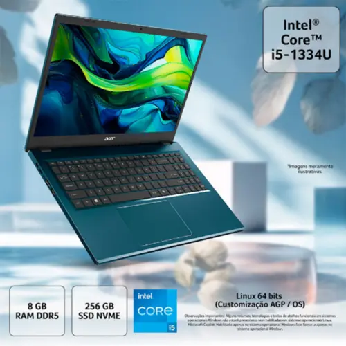 Notebook Acer Aspire Go 15,3'' WUXGA Core I5-1334U SSD 256GB 8GB DDR5 Linux - AG15-51P-54EV