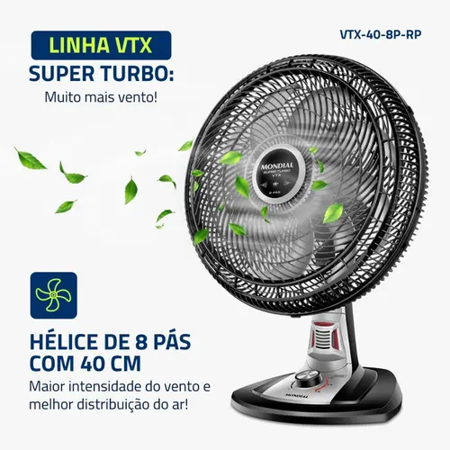 Ventilador 40cm Super Turbo 8 Pás Repelente Pastilha, Mondial, Preto/Prata, 140W, 220V - VTX-40-8P-RP