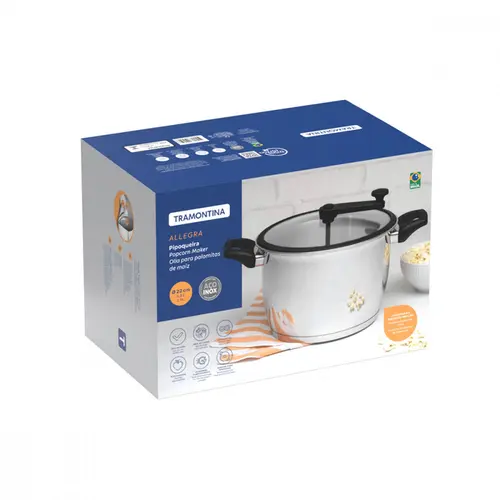 Pipoqueira Tramontina Allegra em Aço Inox com Fundo Triplo e Tampa de Vidro com Borda de Silicone 22 cm 5,6 L
