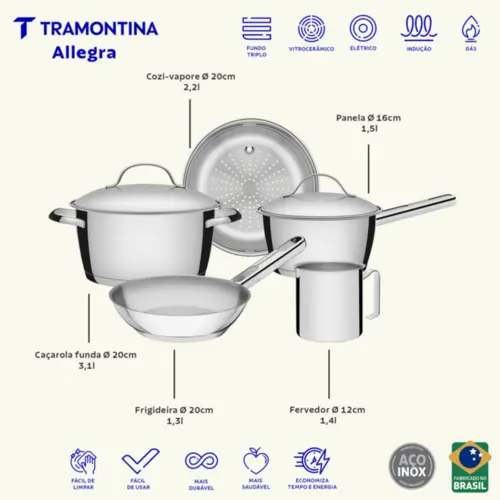 Jogo de Panelas Tramontina Allegra em Aço Inox com Fundo Triplo 5 Peças