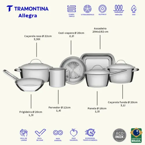 Jogo de Panelas Tramontina Allegra em Aço Inox com Fundo Triplo 7 Peças