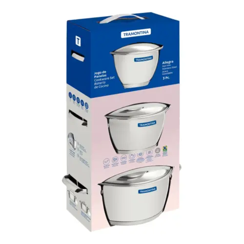Jogo de Panelas Tramontina Allegra em Aço Inox com Fundo Triplo e Tampas de Inox 3 Peças