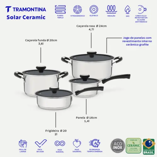Jogo de Panelas Tramontina Solar Ceramic em Aço Inox Fundo Triplo com Revestimento Interno Cerâmico Grafite 4 Peças