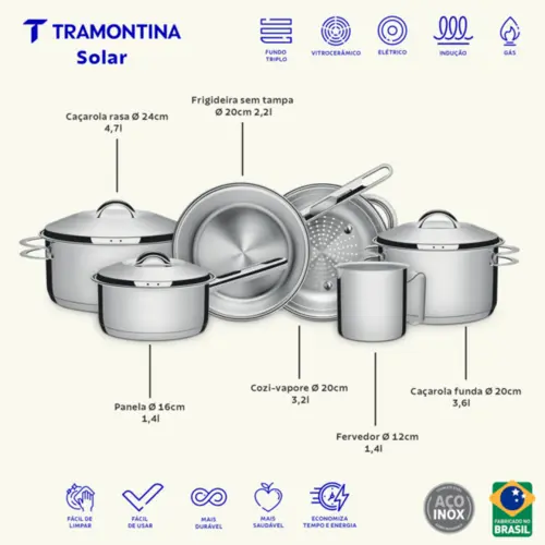 Jogo de Panelas Tramontina Solar em Aço Inox com Fundo Triplo e Tampas de Inox  6 Peças