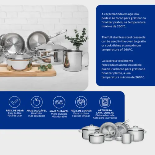 Jogo de Panelas Tramontina Solar em Aço Inox com Fundo Triplo e Tampas de Inox  6 Peças