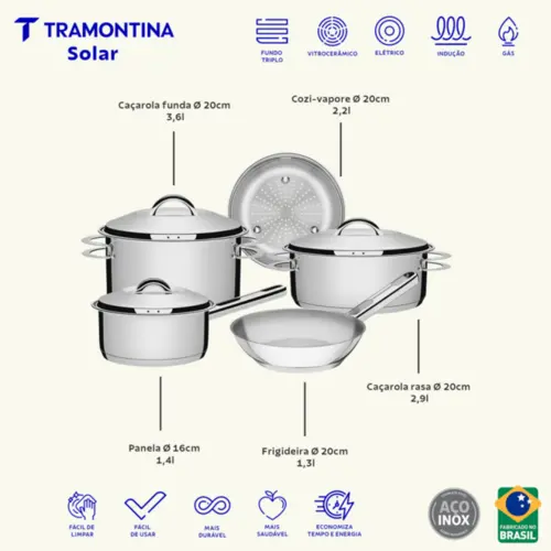 Jogo de Panelas Tramontina Solar em Aço Inox com Fundo Triplo e Tampas de Inox 5 Peças