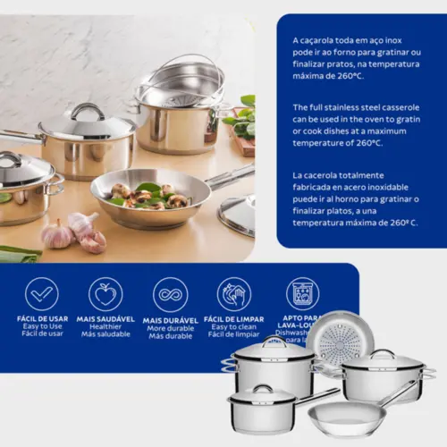 Jogo de Panelas Tramontina Solar em Aço Inox com Fundo Triplo e Tampas de Inox 5 Peças