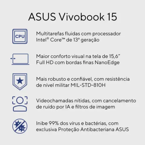 Notebook ASUS Vivobook 15 15.6'' FHD Core I5 Gen 13 8GB RAM 512GB SSD Windows 11 Home Prata