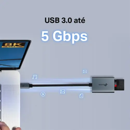 Leitor de cartão SD TP-Link UA440C e microSD 3.0 para USB 3.0 Tipo C de até 5 Gbps alumínio
