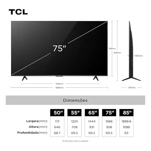 Smart TV TCL 75" 4K UHD QLED TV AiPQ Google Assistente 3 HDMI 1 USB 75P7K