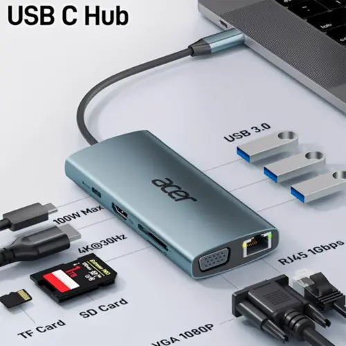 Adaptador de Vídeo Acer Dongle 9 em 1 RJ45 USB-C Hub - ODK390