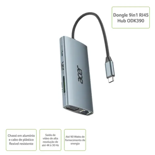 Adaptador de Vídeo Acer Dongle 9 em 1 RJ45 USB-C Hub - ODK390