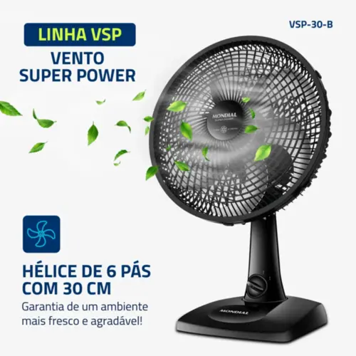 Ventilador de Mesa Mondial 30cm Super Power 127V/60W Preto - VSP-30-B