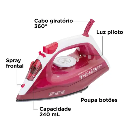 Ferro de Passar Roupa a Vapor Black + Decker Antiaderente 1200W 220V Rosa - FX2250-B2