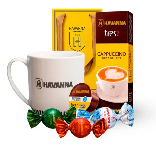Kit Caneca Havanna + Cápsulas de Cappuccino Havanna com Doce de Leite C/10 unidades + Havannitas 3 Sabores diferentes (3 uni/cada) + Sacola de Papel Havanna Tamanho PP