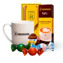 Kit Caneca Havanna + Cápsulas de Cappuccino Havanna com Doce de Leite C/10 unidades + Havannitas 3 Sabores diferentes (3 uni/cada) + Sacola de Papel Havanna Tamanho PP