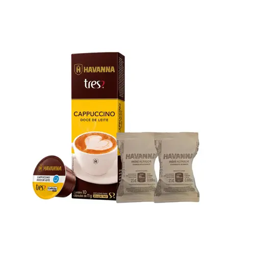 Kit com 2 Mini Alfajor de Chocolate Branco  + Cápsulas de Cappuccino com Doce de Leite C/10 unidades
